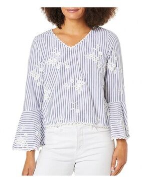 Karen Kane 100% cotton Blue-and-White Striped Embroidered V-Neck Top size small